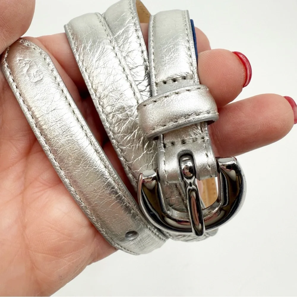 Vineyard Vines Silver Leather Skinny Belt With Silver Buckle, Size XS
